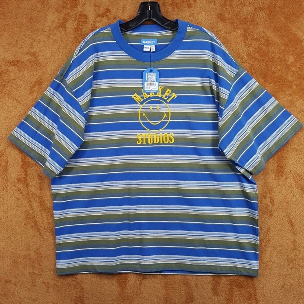 MARKET STUDIO Shirt Mens XXL Blue Stripe Pullover Crew Smiley T-Shirt Tee